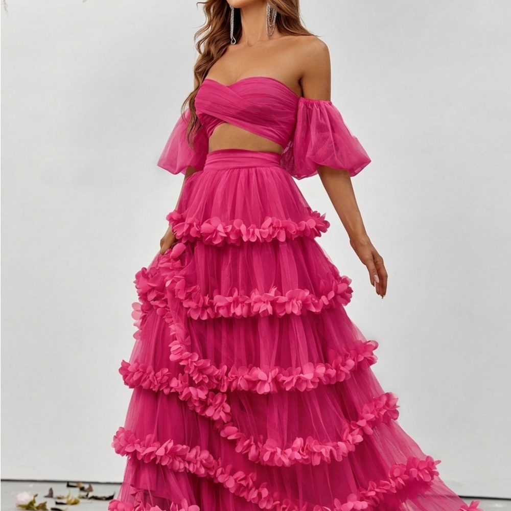 Hot Pink Two-Piece Ruffled Tulle Gown